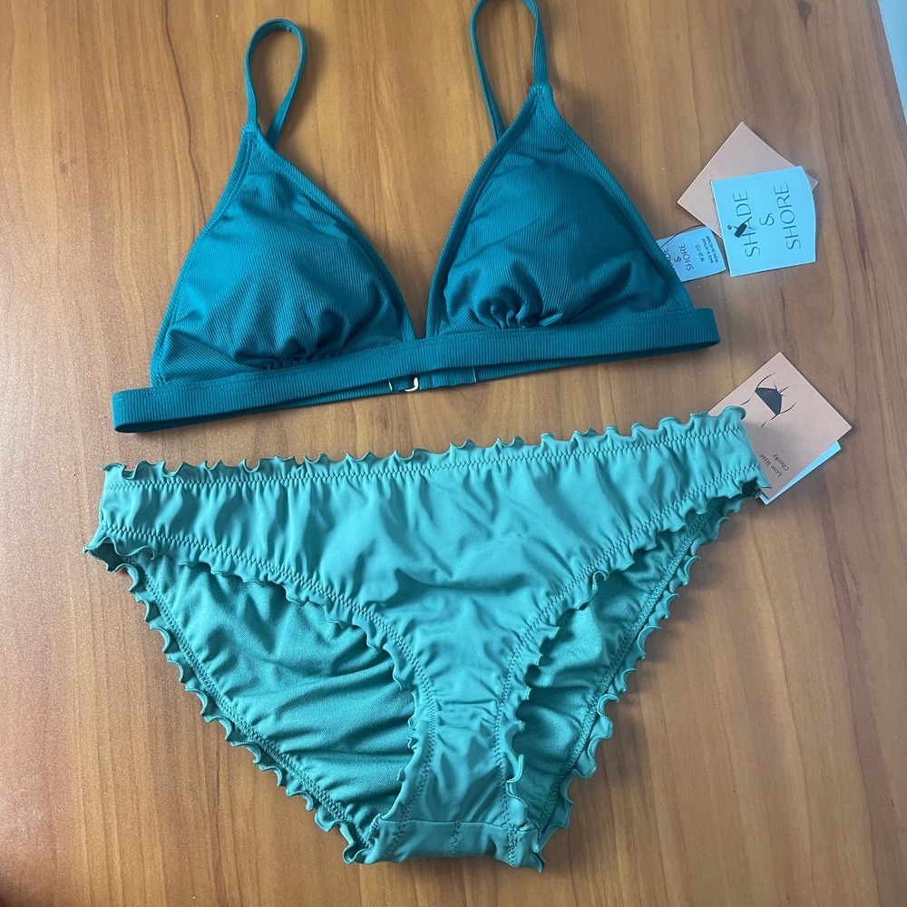 2-piece Shade & Shore Womens Teal‎ Ribbed Triangle Bikini Set Ruffle Cheeky M